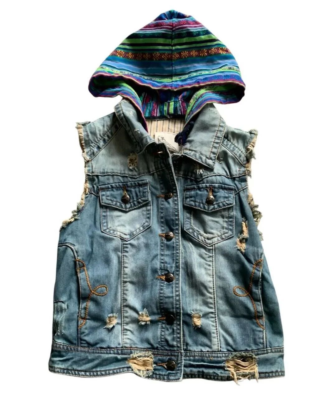 White Crow ANTHROPOLOGIE Distressed Denim Hooded BOHO JEAN VEST JACKET sz S